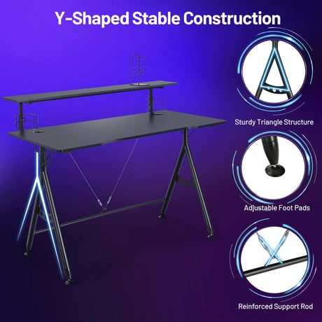 E-Sports Gaming Desk with Monitor Shelf and Cup Holder