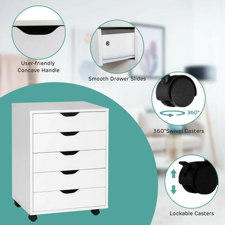 5 Drawer Mobile Lateral Filing Storage Home Office Floor Cabinet with Wheels-White