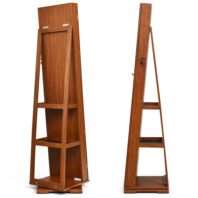 Full Length Mirrored Jewellery Cabinet Rotates 360 with Open Display Shelves-Brown