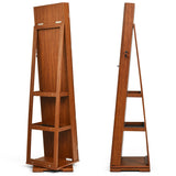Full Length Mirrored Jewellery Cabinet Rotates 360 with Open Display Shelves-Brown