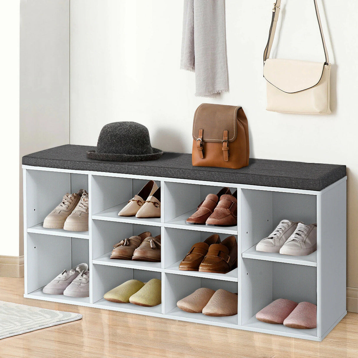 10-Cube Organizer  Entryway Padded Shoe Storage Bench-White