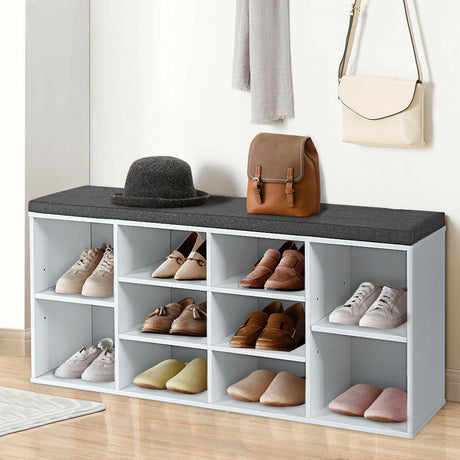 10-Cube Organizer  Entryway Padded Shoe Storage Bench-White