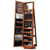 Full Length Mirrored Jewellery Cabinet Rotates 360 with Open Display Shelves-Brown