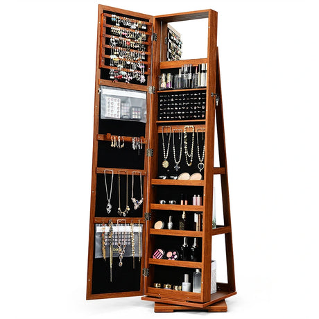 Full Length Mirrored Jewellery Cabinet Rotates 360 with Open Display Shelves-Brown