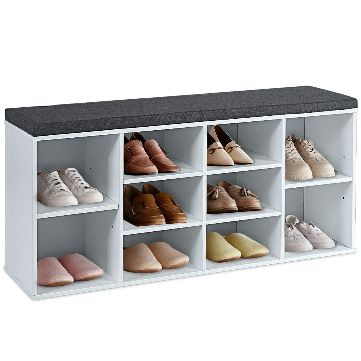 10-Cube Organizer  Entryway Padded Shoe Storage Bench-White