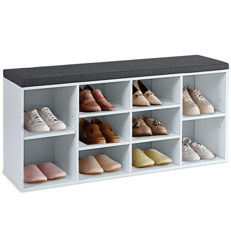 10-Cube Organizer  Entryway Padded Shoe Storage Bench-White