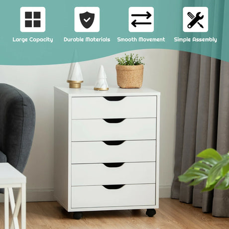 5 Drawer Mobile Lateral Filing Storage Home Office Floor Cabinet with Wheels-White
