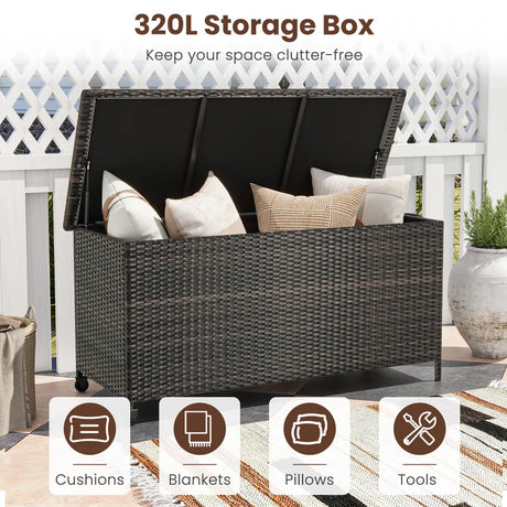 Indoor Outdoor 85 Gallon Storage Container with Waterproof Liner and Universal Wheels-Brown