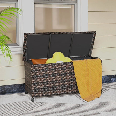 85 Gallon Outdoor Storage Box with Removable Liner and Universal Wheels-Brown