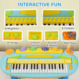 AIYAPLAY 37-Key Kids Piano w/ Microphone, Stool, LED Lights, Record & Replay, Function, Blue