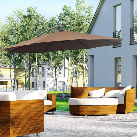 Outsunny 2.45m Overhanging Cantilever Parasol, Heavy Duty Waterproof Garden Umbrella with Cross Base, Brown