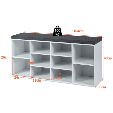 10-Cube Organizer  Entryway Padded Shoe Storage Bench-White