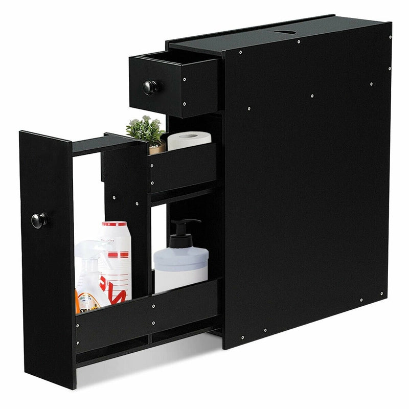 Freestanding  Slim Bathroom Storage Cabinet with Slide-out Drawers for Small/ Narrow Bathroom-Black