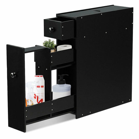Freestanding  Slim Bathroom Storage Cabinet with Slide-out Drawers for Small/ Narrow Bathroom-Black