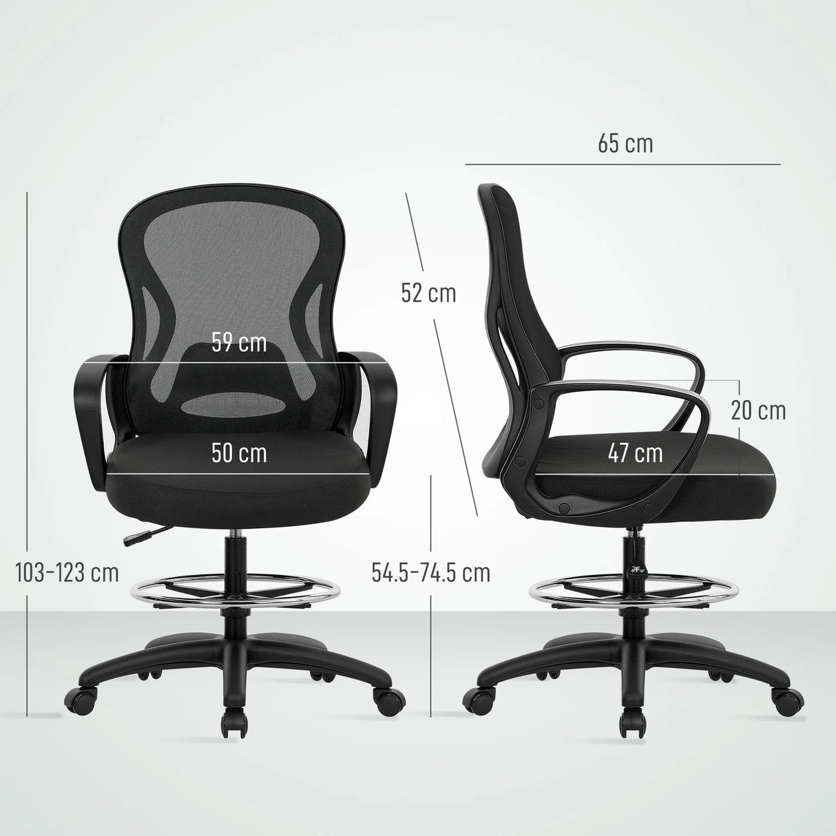Vinsetto Drafting Chair with Adjustable Footrest, Ergonomic Mesh Office Chair with Lumbar Support, Adjustable Height for Standing Desk, Black