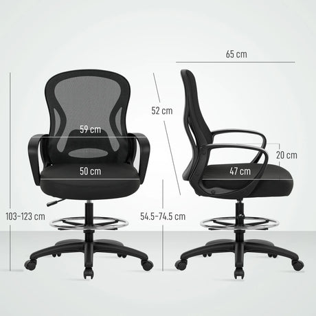 Vinsetto Drafting Chair with Adjustable Footrest, Ergonomic Mesh Office Chair with Lumbar Support, Adjustable Height for Standing Desk, Black