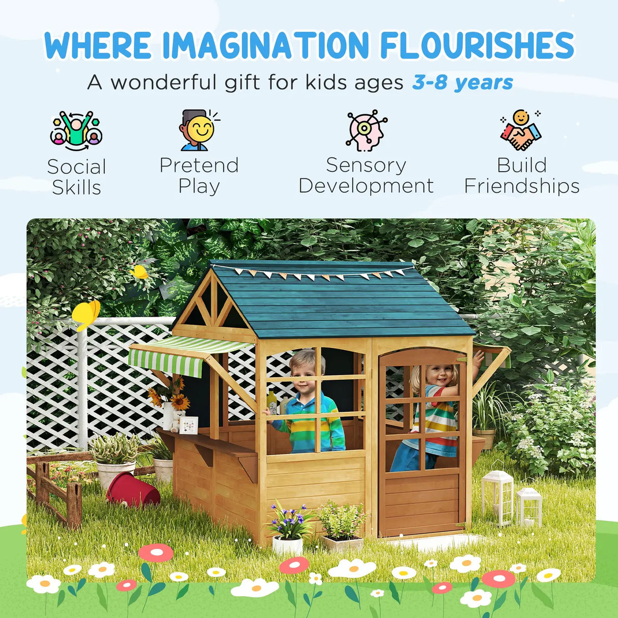 AIYAPLAY Wooden Playhouse for Kids, Foldable Wendy House with Windows, Working Door, Service Stations, Rain Covers, Brown