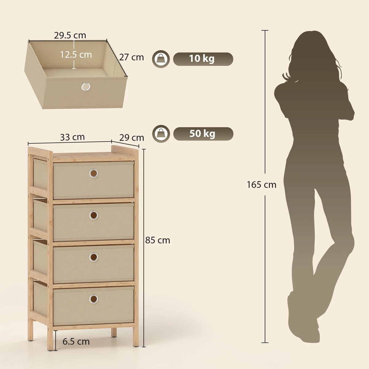HOMCOM Chest of Drawers, 4 Fabric Drawers Narrow Dresser with Bamboo Frame, Cream White