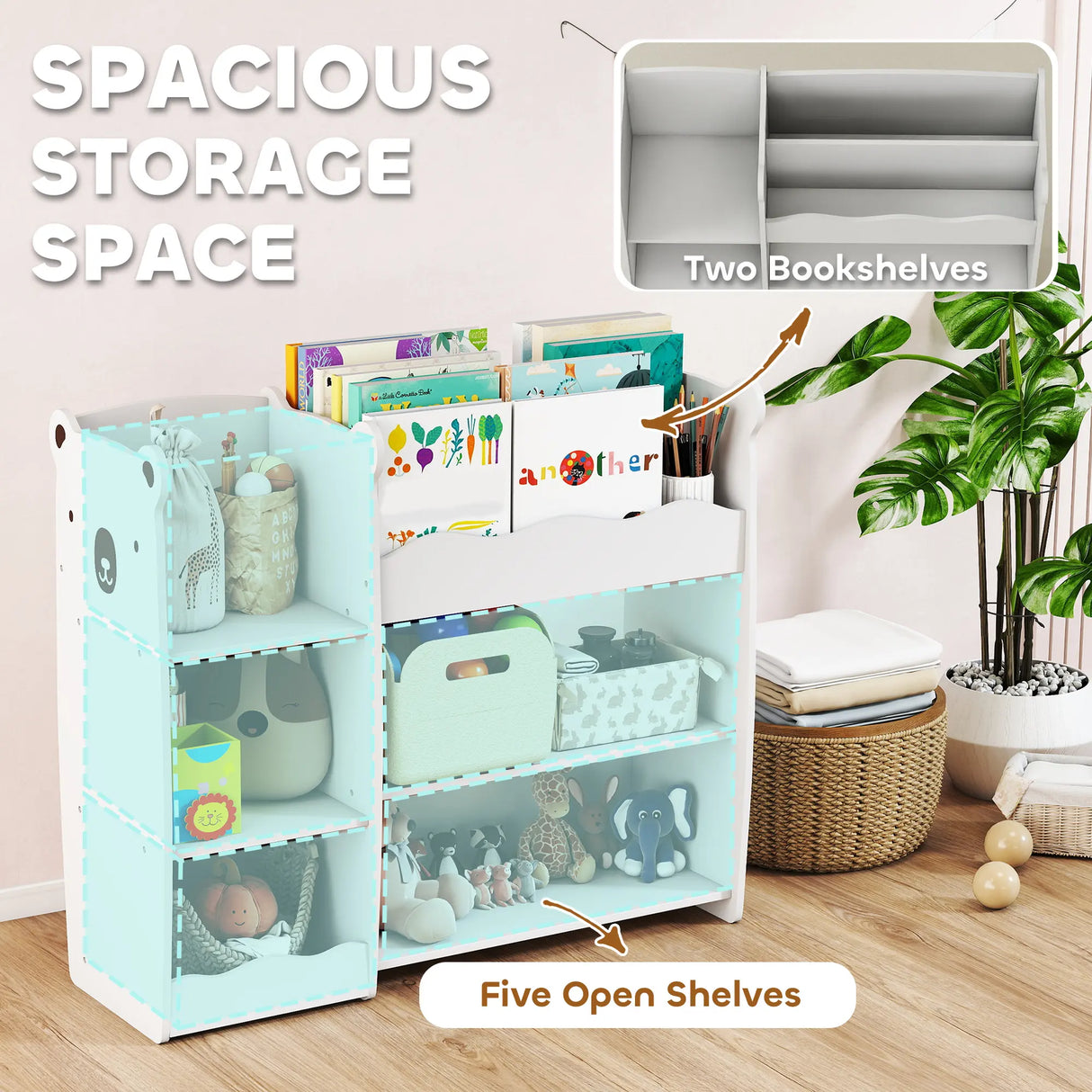 AIYAPLAY Kids Toy Storage Unit, Bear Design Kids Bookshelf and Toy Organiser, for Bedroom, Nursery, Playroom, White