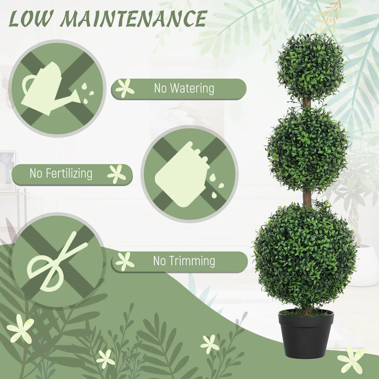 HOMCOM Set of 2 Decorative Artificial Trees, Topiary Ball-shaped Boxwood Trees in Pot, Fake Plants for Home Indoor outdoor Decor, 100cm, Green