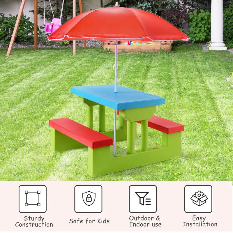 Kids Picnic Folding Table and Bench with Umbrella