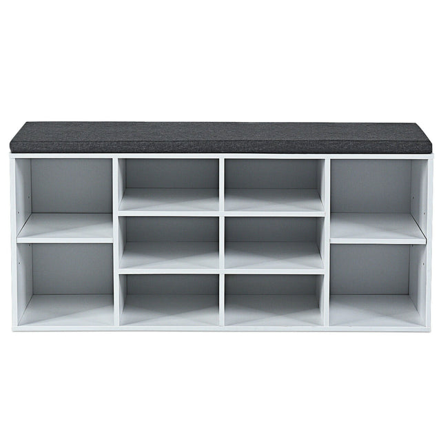 10-Cube Organizer  Entryway Padded Shoe Storage Bench-White
