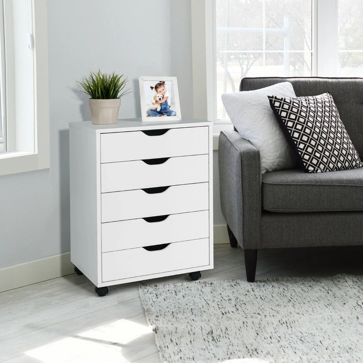 5 Drawer Mobile Lateral Filing Storage Home Office Floor Cabinet with Wheels-White