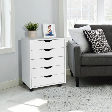 5 Drawer Mobile Lateral Filing Storage Home Office Floor Cabinet with Wheels-White