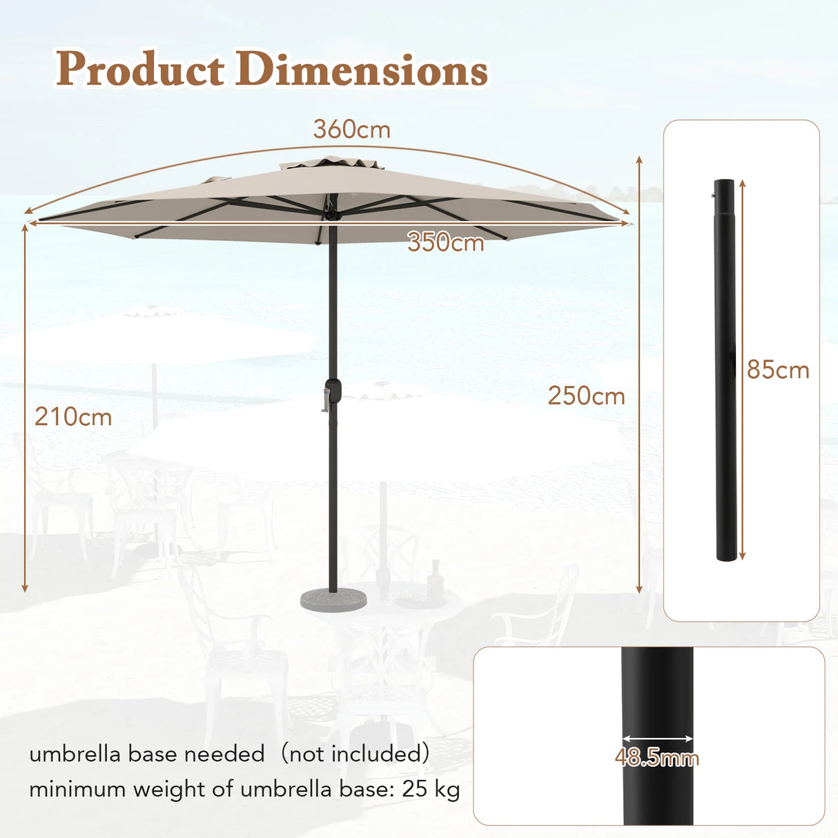 3.6 m Patio Outdoor Market Umbrella With Crank Handle-Beige