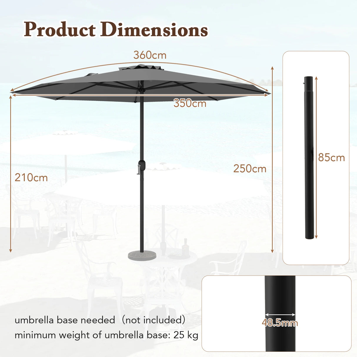3.6 m Patio Outdoor Market Umbrella With Crank Handle-Grey