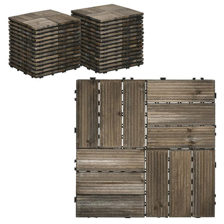 Outsunny 27 Pcs Wooden Interlocking Decking Tiles, Outdoor Flooring Tiles for Patio, Balcony, Terrace, Hot Tub, 30 x 30 cm per Piece, 2.5㎡ per Pack, Charcoal Grey