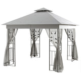 Outsunny 3(m) x 3(m)  Double Roof Outdoor Garden Gazebo Canopy Shelter with Netting, Solid Steel Frame, Light Grey