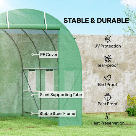 Outsunny 3.5 x 2m Walk-In Polytunnel Greenhouse, with Steel Frame, PE Cover, Roll-Up Door and 6 Windows, Green