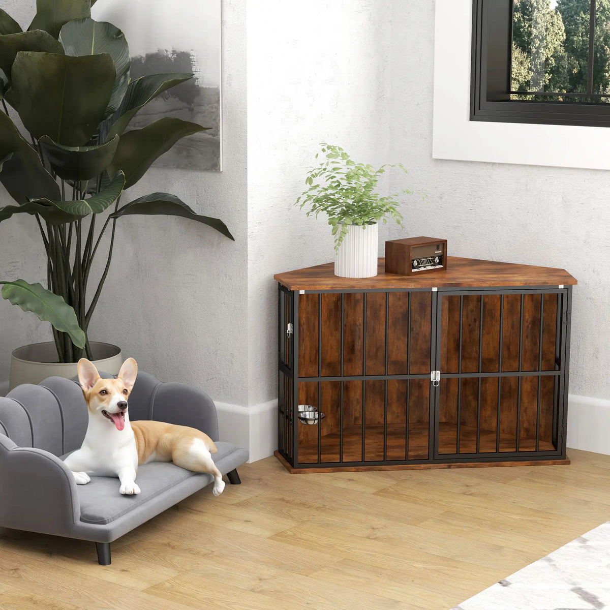 PawHut Corner Dog Crate Furniture with Two Bowls, Lockable Doors, for Small, Medium Dogs, Rustic Brown