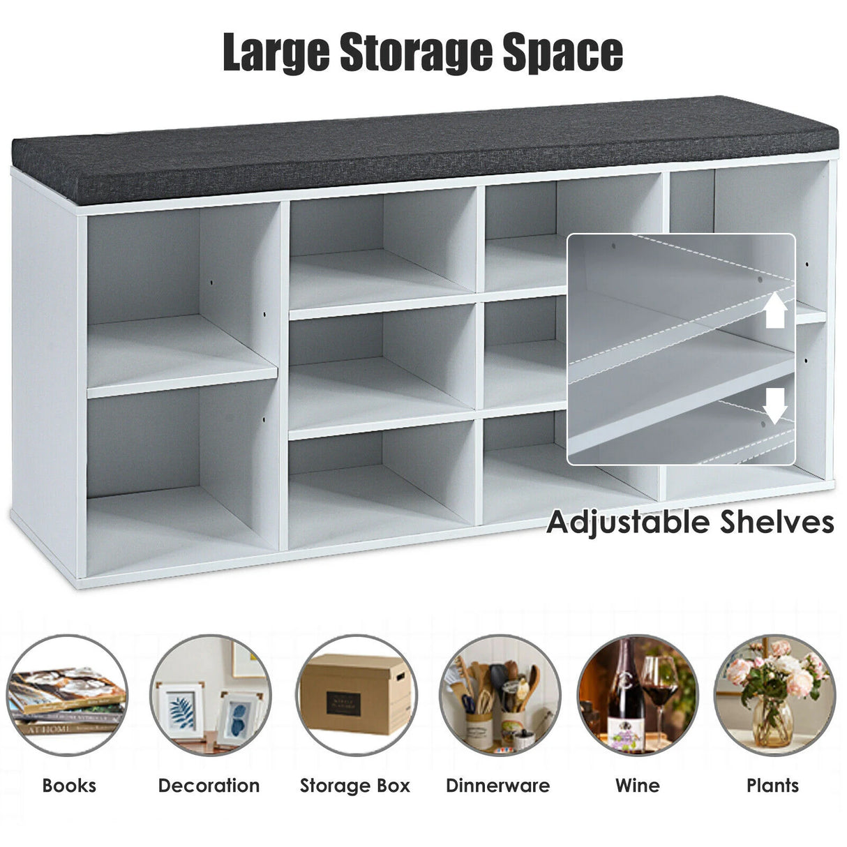 10-Cube Organizer  Entryway Padded Shoe Storage Bench-White