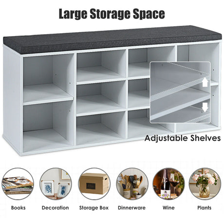 10-Cube Organizer  Entryway Padded Shoe Storage Bench-White
