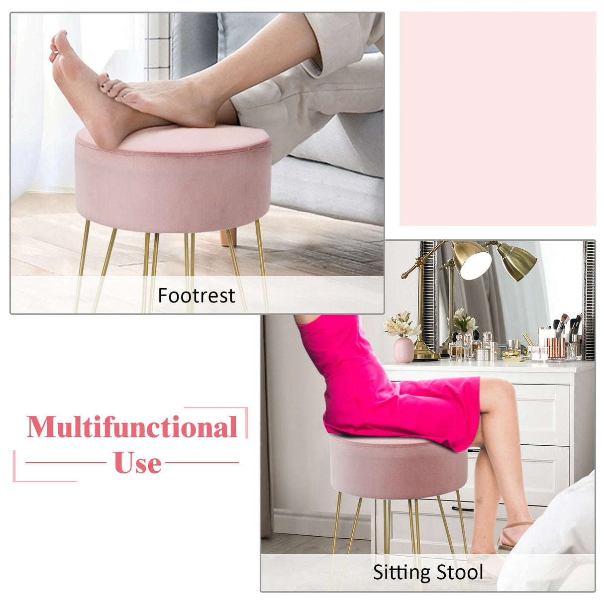 Velvet Modern Round Footstool Ottoman Makeup Dressing Chair-Pink