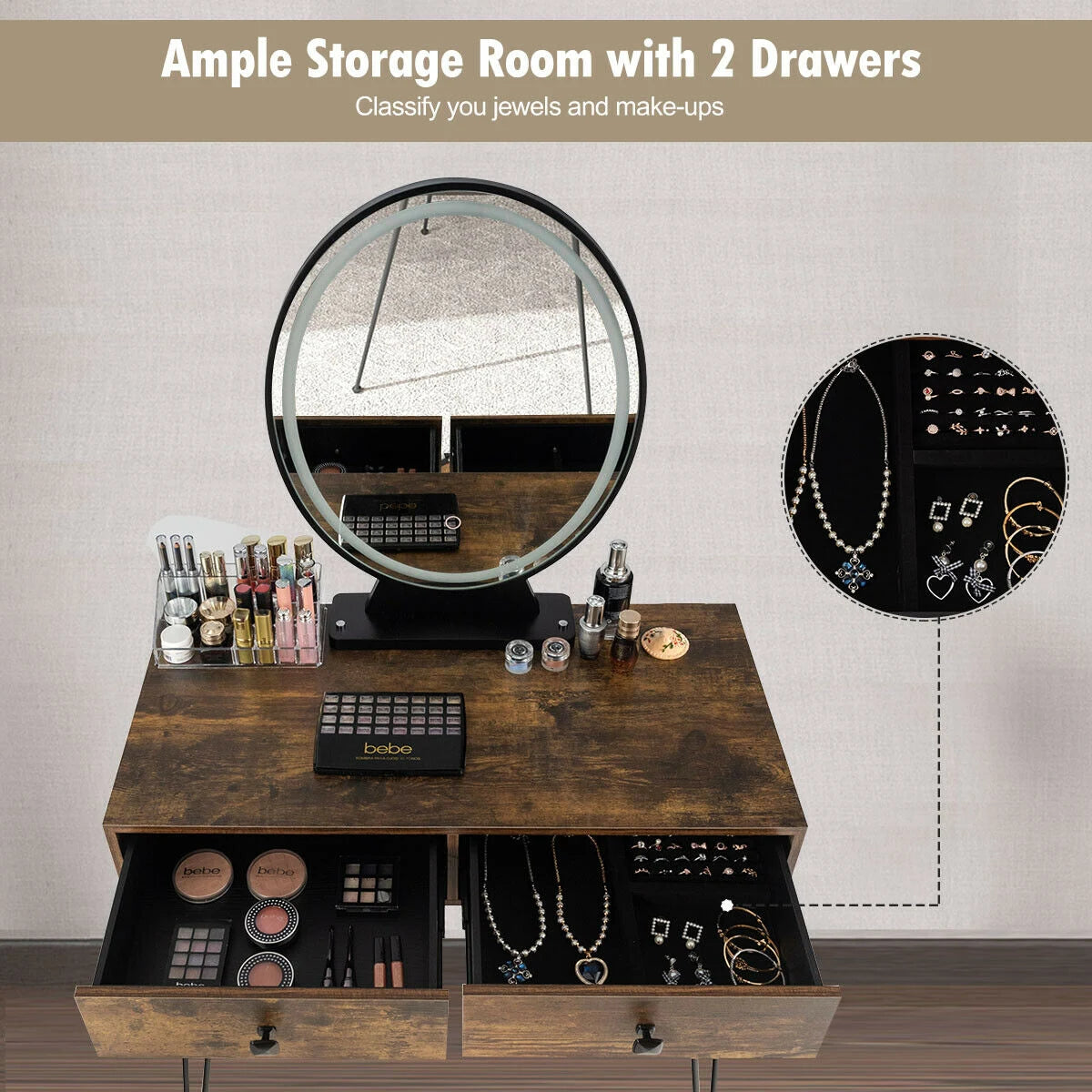 Dressing Table with Vanity Mirror and Stool-Natural