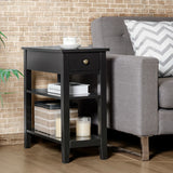3-Tier Nightstand Bedside Table Sofa Side with Double Shelves Drawer-Black