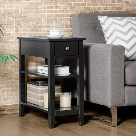 3-Tier Nightstand Bedside Table Sofa Side with Double Shelves Drawer-Black