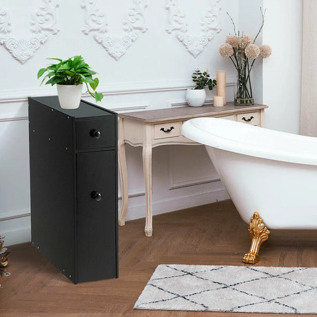 Freestanding  Slim Bathroom Storage Cabinet with Slide-out Drawers for Small/ Narrow Bathroom-Black