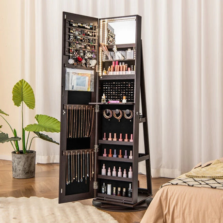 360 Rotating Mirrored Jewelry Cabinet Armoire 3 Color LED Modes Lockable-Espresso