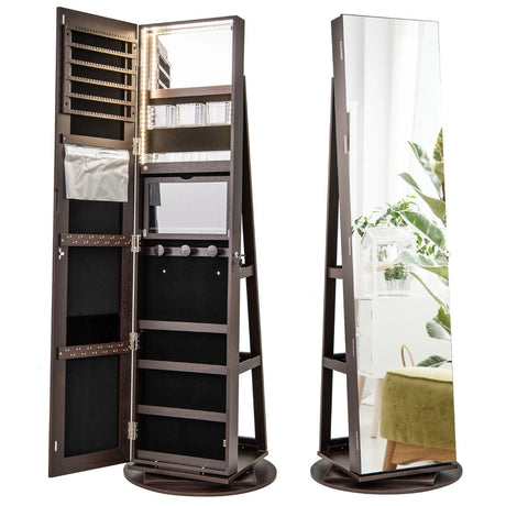 360 Rotating Mirrored Jewelry Cabinet Armoire 3 Color LED Modes Lockable-Espresso