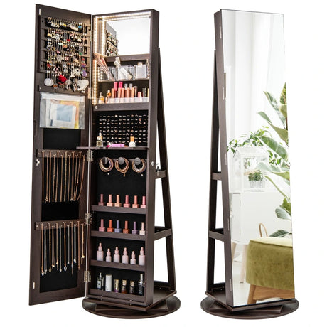 360 Rotating Mirrored Jewelry Cabinet Armoire 3 Color LED Modes Lockable-Espresso