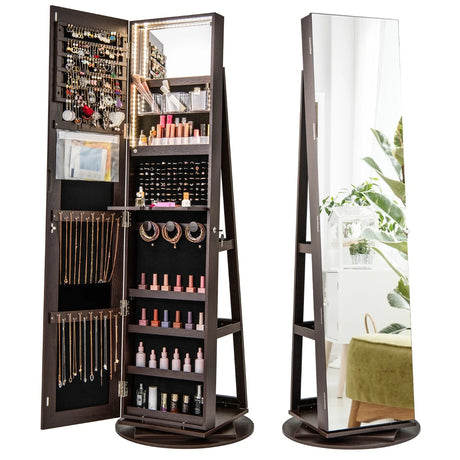 360 Rotating Mirrored Jewelry Cabinet Armoire 3 Color LED Modes Lockable-Espresso