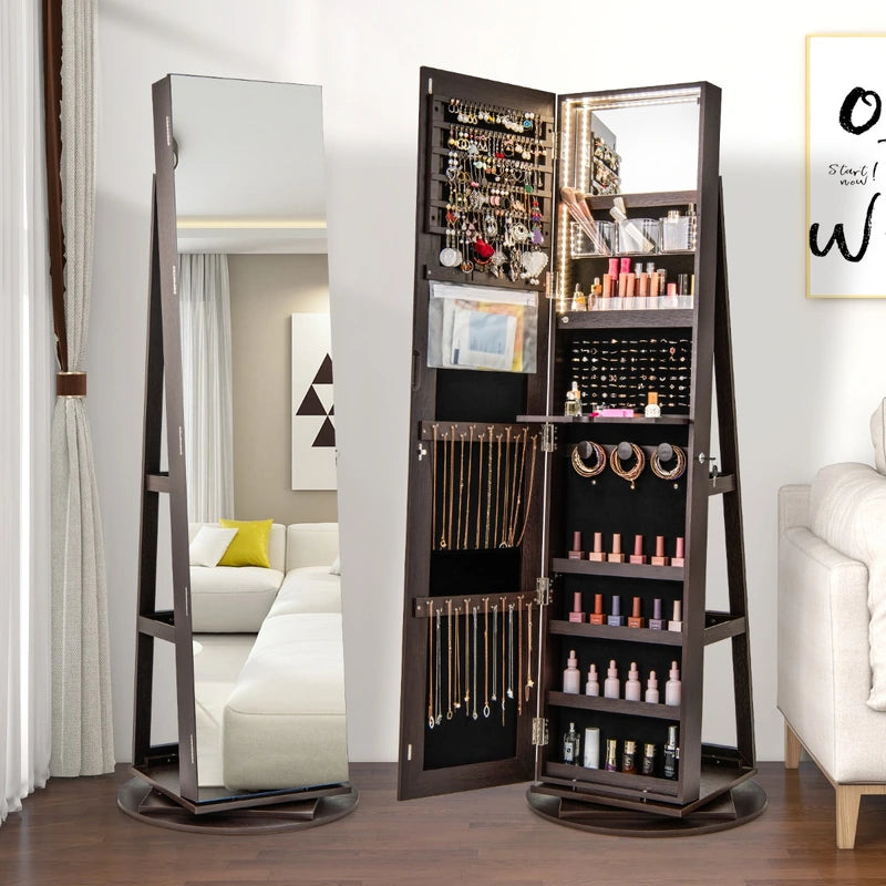 360 Rotating Mirrored Jewelry Cabinet Armoire 3 Color LED Modes Lockable-Espresso