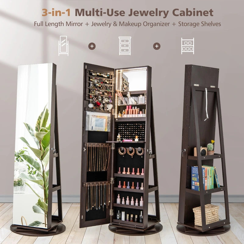 360 Rotating Mirrored Jewelry Cabinet Armoire 3 Color LED Modes Lockable-Espresso