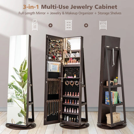 360 Rotating Mirrored Jewelry Cabinet Armoire 3 Color LED Modes Lockable-Espresso