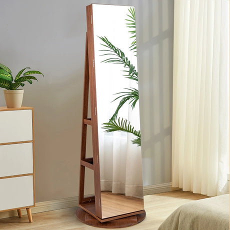 360 Rotating Mirrored Jewelry Cabinet Armoire 3 Color LED Modes Lockable-Dark Brown