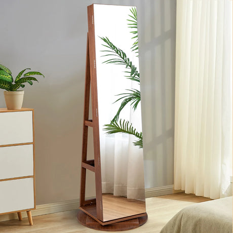360 Rotating Mirrored Jewelry Cabinet Armoire 3 Color LED Modes Lockable-Dark Brown